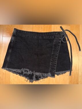 We The Free Black Denim Wrap Skort with Frayed Hem